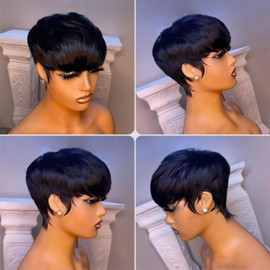 Short Human Hair Wigs for Women Pixie Cut Wigs with Bangs No Lace Front Wig Natural Short Straight Hair Glueless Wig Natrual Black