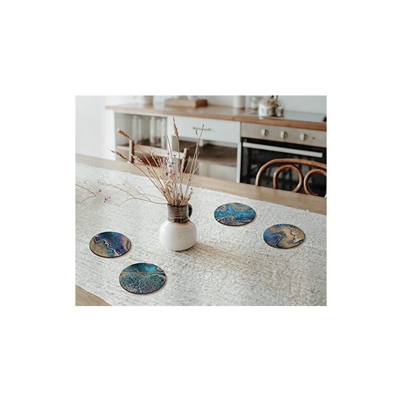 4 x Round Art Deco Coasters - Agate Blue Abstract