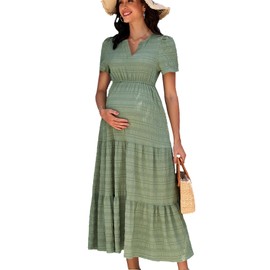 AISWI Summer Maxi Maternity Dress Pockets Casual Vacation Boho Baby Shower Short Sleeves A Line Beach, Sage Green, Medium