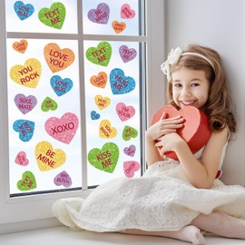 JarThenaAMCS 58PCS Valentine's Day Window Clings Romantic Conversation Heart Window Decals Double-Sided Candy Heart Window Decor for Home Office School Party Supplies, 9 Sheet