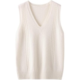 Amazhiyu Womens Sweater Vest, 100% Wool Sweater Vest Sleeveless V Neck Knitted Pullover Top White Medium