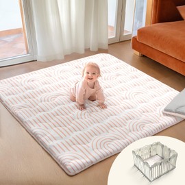 Soft Thicker Baby Mat for Floor 50"x50", Non-Slip Baby Play Mat, Easy to Clean 50x50 Playpen Mat, Portable Playmat, Crawling Mat for Infants, Babies, Toddlers, Activity Mat, Rainbow, Pink