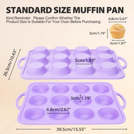 Vnray 2 Pack Silicone Muffin Pan 12 and 24 Cup with Metal Frame, Non Stick Silicone Mini Cupcake Pan with Handles, BPA Free Silicon Regular Muffin Tin Tray Small for baking, egg bites, Mold Purple