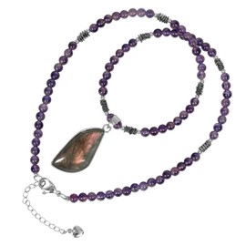 KYEYGWO Natural Labradorite Pendant Necklace Amethyst Healing Crystal Beaded Necklaces Beachy Boho Bohemian Hippie Jewelry Gift for Women Men