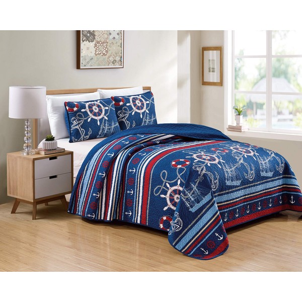 Kids Zone Home Linen Bedspread Set Navy Blue Red White Ships Rope Anchor Stripes New (King/Cal King)