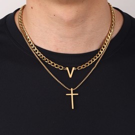 Svovin Layered Initial A-Z Letter Pendant Necklace for Men Stainless Steel Cross Pendant Necklaces Cuban Link Chain Necklace Jewelry Gift, Stainless Steel, No Gemstone