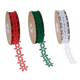3 Pcs Christmas Snowflake Ribbons Xmas Theme Snowflake Ribbon Solid Colors Snowflake Ribbon for Crafting Red Green White Snowflake Shape Ribbon for Christmas Decoration Gift Box Packaging (25mm×9m)