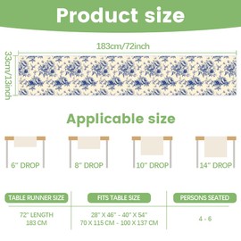 WADORN Blue Floral Table Runner 72 Inches Long, Flower Birds Chinoiserie Table Runner Spring Summer Seasonal Washable Kitchen Dining Table Decoration for Home Party Wedding Indoor Outdoor