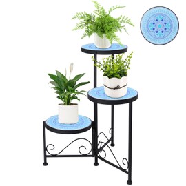Vipush 3 Tier Plant Stand with Mosaic Ceramic Top - Foldable 3 tier plant stand, Durable Indoor & Outdoor Plant Shelf for Pots, Flowers, and Decor, No Assembly Required