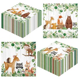 Sherr 100 Pcs Woodland Baby Shower Paper Napkins 3 Ply Cocktail Folded Napkins Woodland Animals Disposable Luncheon Dinner Beverage Paper Hand Towels for Boy 5 x 5 Inch