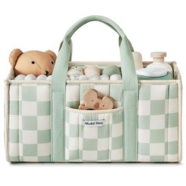 Blissful Diary Changing Table Organiser, Changing Basket for Changing Station, Stylish Changing Organiser for Baby Supplies, Essential Gift for Birth and Baby Registry, Green Checked