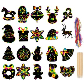 LOKIPA Christmas Scratch Paper Art Ornaments,80 Rainbow Magic Scratch Off Paper Cards with Drawing Sticks&Ribbon for Christmas Decoration