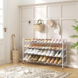 Gewudraw 4-Tier Shoe Rack Expandable, Width Adjustable Shoe Shelf Storage Organizer, 41.53'' Metal Standing Shoe Rack for Bedroom Entryway Closet, Holds up to 24 Pairs Shoes, White