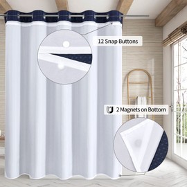 MitoVilla No Hooks Required Navy Blue Waffle Shower Curtain Set with Snap-in Liner, Modern Heavyweight Fabric Shower Curtain for Hotel Grade Spa-Like Bathroom Decor, 72 x 74