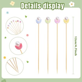 120 Pcs Tulip Cocktail Picks 4.7 Inch Pearl Flower Decorative Toothpicks for Easter Holiday Theme Party Spring Long Cocktail Sticks Appetizers Fruits Drink Garnish Party Supplies