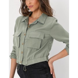 Vimyig Lightweight Cargo Jacket Women Casual Green Button Down Cropped Jackets with Pockets(ArmyGreen-XL)