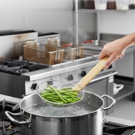 TrueCraftware- 8” Coarse Mesh Skimmer Stainless Steel with Natural Bamboo Handle- Spider Strainer Ladle Kitchen Frying Food Pasta Spaghetti for Cooking and Frying Pasta Strainer Spoon