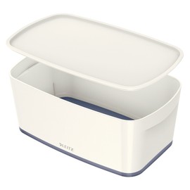 Leitz Small MyBox with Lid, Storage Box for Home and Office, High Gloss Plastic, 5 Litre, A5, White/Grey