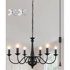 ZemSum Plug in Chandelier Lighting with Cord 15ft & On/Off Switch, Hanging Lights with Plug in Cord, 6 Light Black Farmhouse Chandelier for Dinging Room Living Room Kitchen Island Bedroom