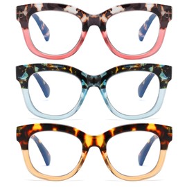 ZXYOO Oversized Reading Glasses for Women,3 Pack Blue Light Blocking Computer Spring hinge Readers（Yellow Sunset&Blue Sunset&Pink Sunset+1.00）