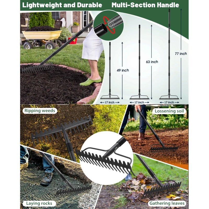Nicecho DOUBLE SIDES Rake 17 tines with 49" long Garden