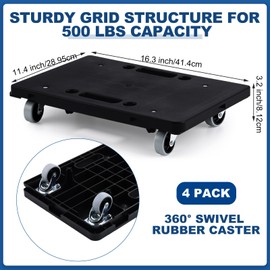 Datanly 4 Pack Furniture Dolly Moving Dolly Connectable Furniture Movers 16.3 x 11.4 Inch 500 Lbs Capacity Each Count 4 Wheels Heavy Duty Small Flat Cart Portable Dollies with Wheels, Black