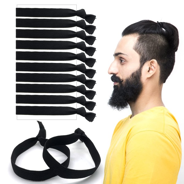 Men's Hair Bobbles Pack of 10 Wide Knotted Elastic Hair Bands Men Hair Bands for Men with Long Hair Black Hair Bands No Damage for Bun Curly Thick Hair