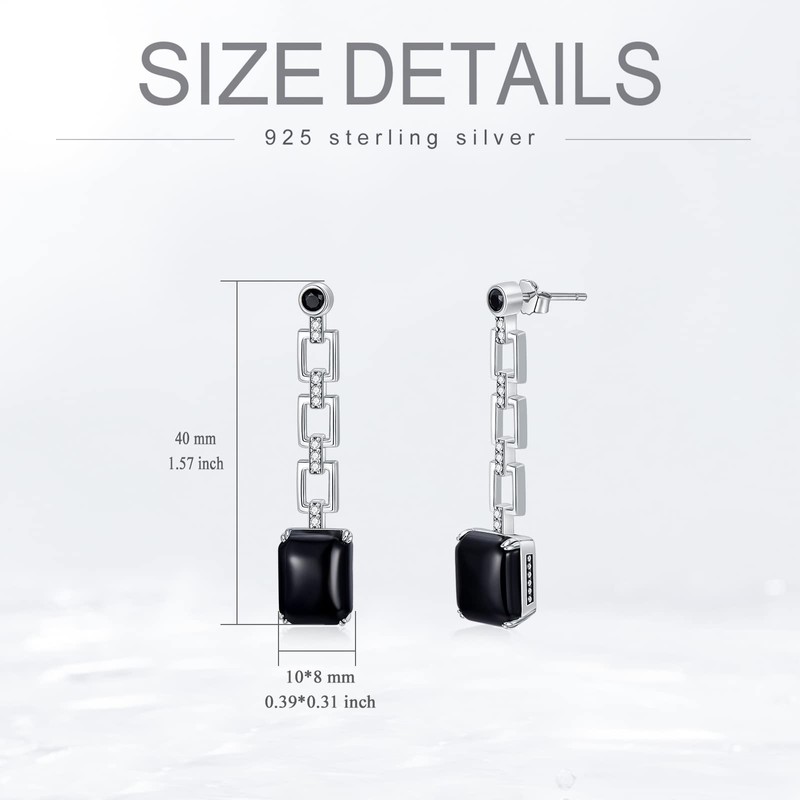 Earrings Onyx Black 925 Sterling Silver Chain Links Dangle Drop