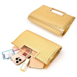Evening Clutch Purses for Women Formal Party Clutch Bags Cocktail Prom Fashion Golden Woven PU Leather Shoulder Handbags(BO62 Gold)