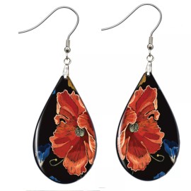 the fun things Floral Print Earrings NO TARNISHING Wood Teardrop Dangle Stainless Wires