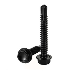 #12 x 1-1/2" (5/8" to 3" Available) Hex Washer Head Self Drilling Sheet Metal Tek Screws with Drill Point, Stainless Steel 410, Black Oxide, 50 PCS