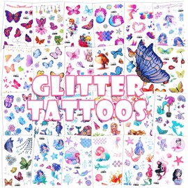 LONGHAOCHA Glitter Temporary Tattoo for Girls, 24 Sheets Butterfly Mermaid Fairy Flowers Tattoo Stickers for Kids, Waterproof Fake Tattoos for Birthday Party Favors Goodie Bags Stuffers Party Fillers