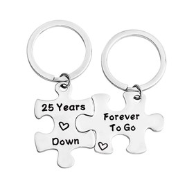 FEELMEM 25th 25 Years Down Forever To Go Couples Puzzle Keychain Set 25 Years Anniversary Key Chain For Him Her (25th)