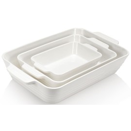 Ceramic Baking Dish Set, 3-Piece Casserole Dishes for Oven, Rectangular Baking Pans, Deep Lasagna Pans with Handles, Multi-Size Set for Cooking, Baking, Serving, and Gifting, White (16.1''/12.2''/9'')