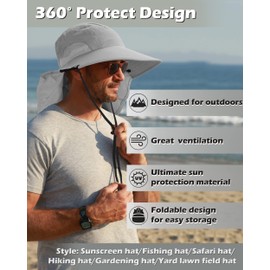 Mens Wide Brim Sun Hat with Neck Flap Fishing Safari Cap for Outdoor Hiking Camping Gardening Lawn Field Work, Grey