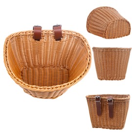 Bicycle Basket, Front Handlebar Bike Basket, Rattan Storage Basket Waterproof, Vintage Wicker, with Tan Leather Straps,Light Brown