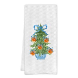 Cilrii Blue Bows Porcelain Kitchen Towels,Chinoiserie Christmas Hand Towels,Blue and White Bows Dish Towels,Chinoiserie Tea Towels Kitchen Bathroom Decor,Christmas Decorations for Kitchen 16 X 24