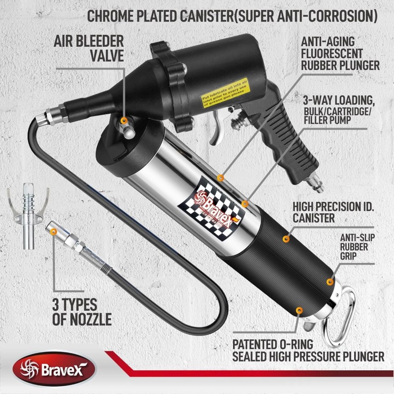 Bravex Pneumatic Grease Gun Automatic W/Quick Release Coupler Continuous Cycle