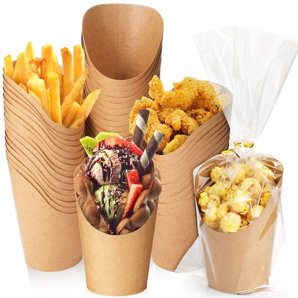 150 Pieces French Fries Holder 14 oz Disposable French Fry Cups Kraft Paper Popcorn Boxes 200 Pieces Clear Treat Bags Opp Plastic Bags with Twist Ties for Waffles, Chips, Popcorn