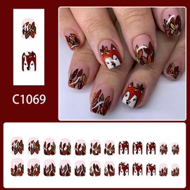 Fall Press on Nails Short Square Fake Nails with Fallen Leaf Designs Nude Acrylic Glue on Nail Cute Squirrel Stick on Nails Glossy Reusable Thanksgiving False Nail for Women Autumn Manicure 24pcs