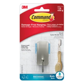 Command Small Bath Hook, Holds up to 1 lb, 1 Satin Nickel Shower Hook with 2 Water Resistant Strips, Damage-Free Bathroom Organization