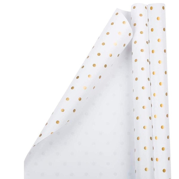 JAM Paper Gift Wrap - Polka Dot Wrapping Paper - 50 Sq Ft Total (30 in x 10 Ft Each) - White with Gold Foil Dots - 2 Rolls/Pack