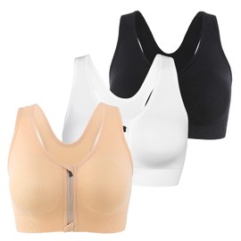 INIBUD Women's Sports Bra Post-Surgery Bra Zip Bra Zipper Front Wirefree Removable Pads Yoga Bra Zip Sports Bra (3 Pack(BWB), X-Large)