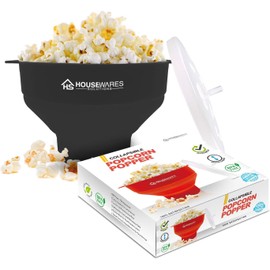 Collapsible Silicone Microwave Hot Air Popcorn Popper Bowl With Lid and Handles (Black)