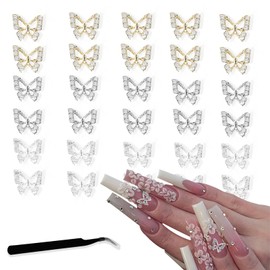 ANGNYA 30Pcs Alloy Butterfly Nail Charms 3D Metal Butterfly Nail Gems Nail Rhinestones Shiny Crystal Nail Art Charms Nail Charms for Acrylic with tweezer for Nail Decoration Supplies