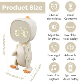 Kinder Wecker, Kinder Schlaftrainer mit Nachtlicht, Ton, Weckzeit, Geschenk für Mädchen und Jungen mit 3 Alarmsets, Schlummerfunktion, einstellbarer Ton und Helligkeit über USB-Aufladung (Beige)