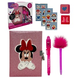 CARTOON Secret Diary with Accessories for Children, Pack of 7 Glitter Diary with Lock Pens Sticker Stamp (Minnie)