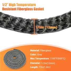 Protalwell Wood Stove Gasket (1/2" x 72" Rope), Wood Stove Door Gasket, Grey Color Fiberglass Gasket, Wood Stove Door Seal, 1/2 in High Temperature Resistant Wood Stove Gasket Rope