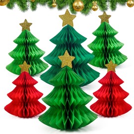 Pack of 6 Paper Christmas Trees, Reusable Christmas Trees, Honeycomb Balls Christmas Decoration, 3D Paper Christmas Tree, Green Red for Table Decoration, Christmas, Christmas Tree Decoration for Hanging or Standing