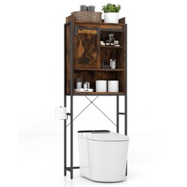 Tangkula Over-The-Toilet Storage Cabinet, Freestanding 4-Tier Bathroom Rack w/Adjustable Shelf & Sliding Barn Door, Multifunctional Bathroom Space Saver, 25 x 9.5 x 67.5 in (Rustic Brown)